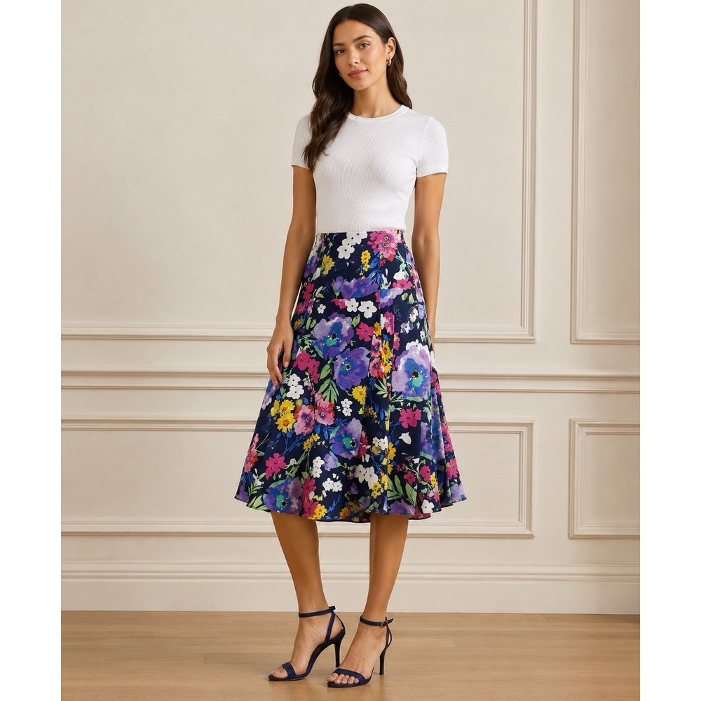 Lauren Ralph Lauren Fit & Flare Midi‎ Skirt 8 Floral Resort Vibrant Romantic